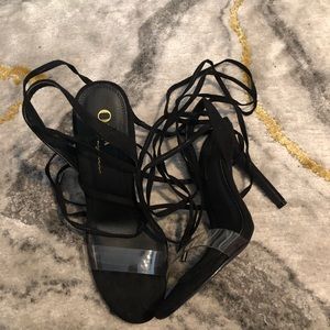 OLIVIA F Clear strap/ Suede Black Strap up Heels
